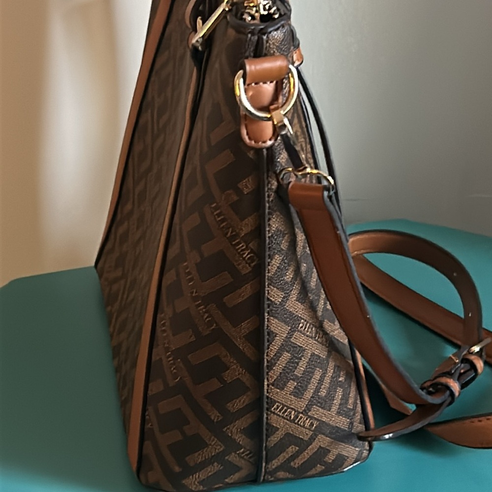 Ellen Tracy Brown Signature Collection Brown Logo Printed Tote with Strap - Picture 4 of 10